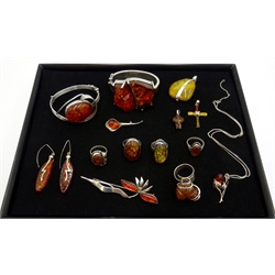  Two contemporary large silver amber hinge bangles, amber pendants, rings and earrings, mostly stamped 925 or hallmarked   