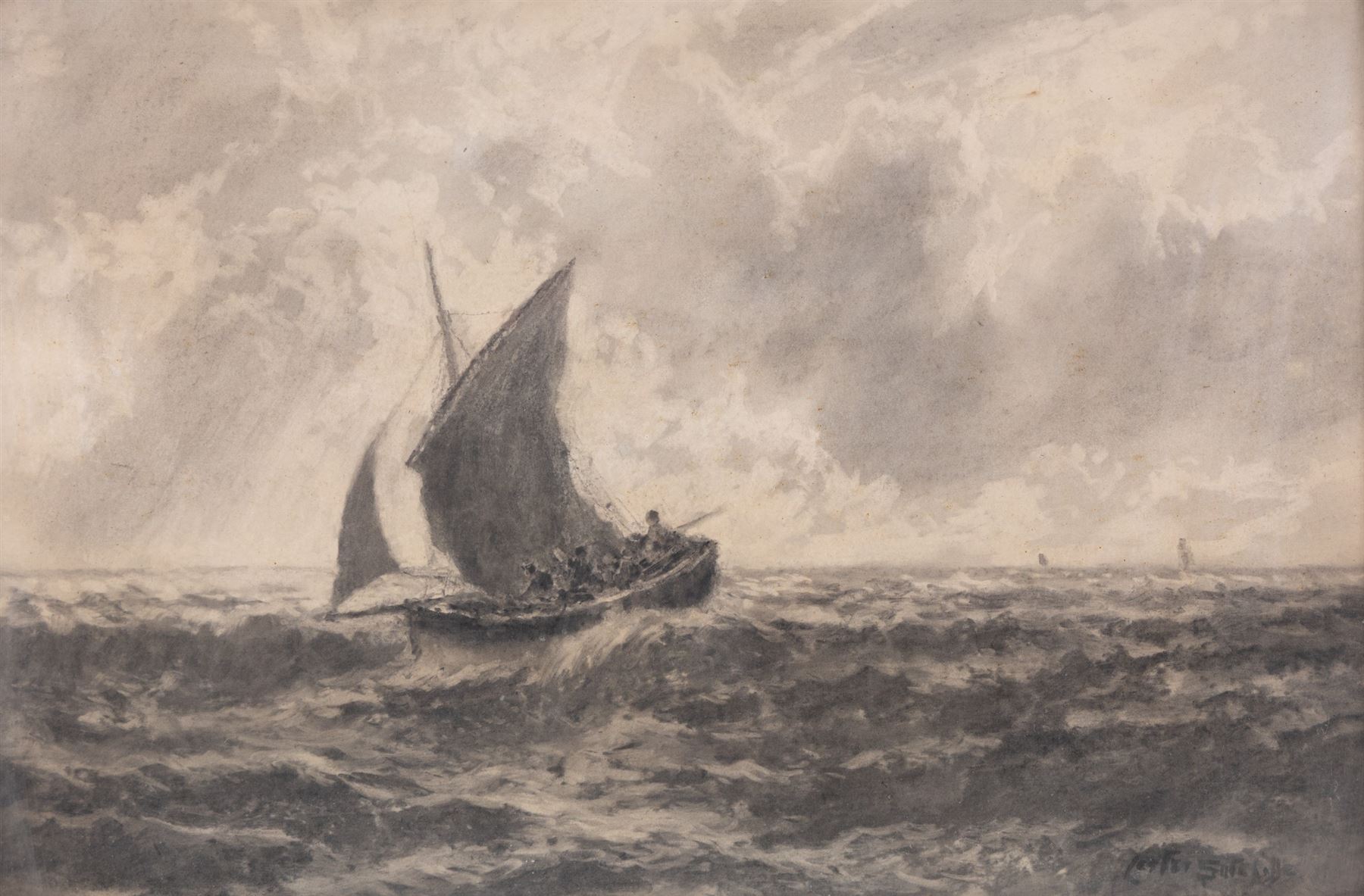 Lester Sutcliffe (British 1848-1933): Ships Landed and Ships at Sea, pair monochrome pastel and watercolours signed 35.5cm x 53cm