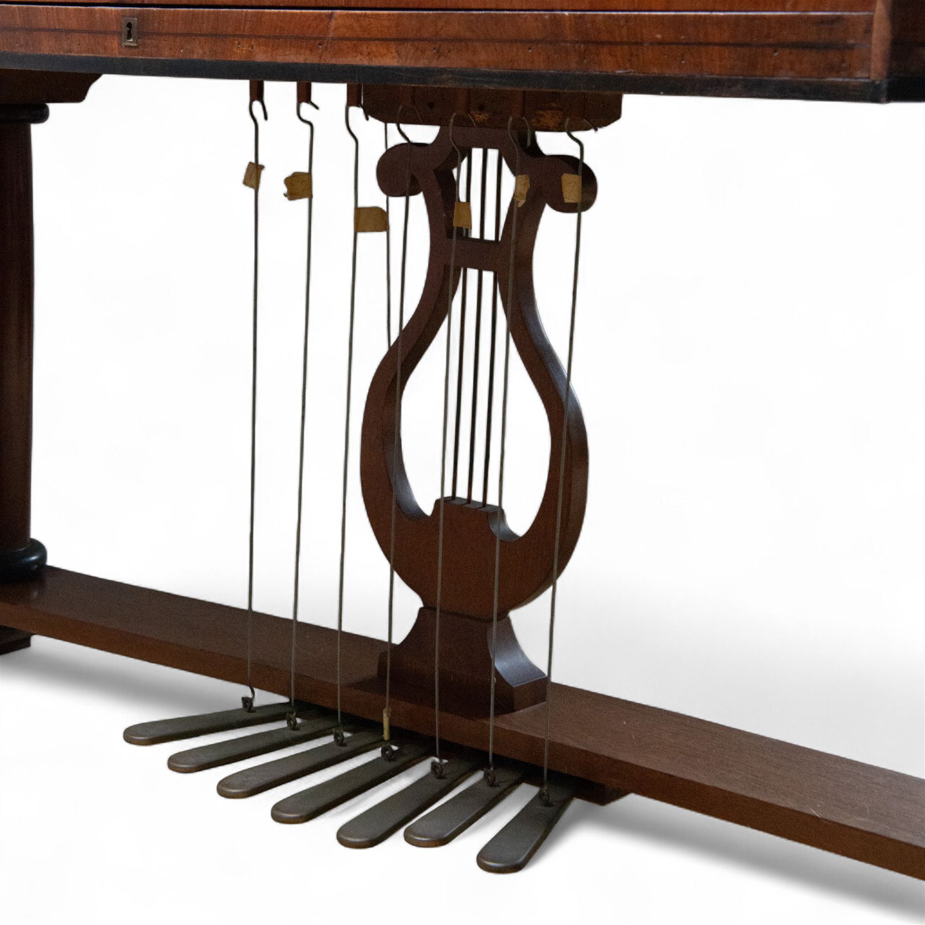 Austrian “Viennese” Grand Piano by Joseph Böhm c1820.
Straight triple strung, with a Viennese action and adjustable escapement rail, some new dampers and damper felt with leather covered hammers, string gauges marked on the wrest plank, soundboard appears to have been shimmed in places, bridge in good condition, possibly re-strung at some time with one tuning pin and two strings missing. Action with good repetition and damping, however some adjustment may be necessary to both the action and pedals. Six octave keyboard, with 78 keys C1-F7, with Ivory naturals and ebony sharps, lyre supported on a stretcher with seven pedals, Bells & Drum, Treble Sustain, Full Sustain, Piano & Pianissimo, Bassoon Stop and Una Corda. Adjustable open lattice music desk. Ebonised panel above the keys with maker name and decorative gilt mounts depicting imperial eagles, grapevines, scrollwork, and angelic trumpeters. Case raised on three circular columns with block supports. 
This instrument is typical of the type of piano being made in Vienna in the early 19th century and a type of piano possibly familiar to Beethoven during the period of the composers’ later compositions. This piano is thought to be one of the earliest known pianos by this maker and was discovered in Milan in the 1870’s. A retailer’s trade label from that period is attached to the soundboard.

Given the intricate nature of these historic instruments, specialist support will be available if required, to assist successful buyers with safe removal and onward handling. Price upon application. 

This item has been registered for sale under section 10 of the APHA Ivory Act Reference A2ZEXJGY