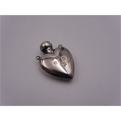 Group of silver flatware, to include Victorian christening set comprising knife, fork and spoon with silver handles, blade, prongs, and bowl, hallmarked Martin, Hall & Co, Sheffield 1868, William IV Fiddle pattern dessert fork, hallmarked William Eaton, London 1834, two Victorian teaspoons, 1920's teaspoons, and three Continental graduated spoons and set of matching sugar tongs with rose and vine detail, stamped 825, etc., together with a a small modern silver pendant modelled in the form of a heart, hallmarked Penhaligon's, Birmingham 1991, and two modern silver page markers, each stamped 925, one example worn import mark, approximate total weight 8.61 ozt (267.8 grams)