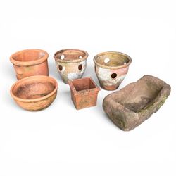 Collection of five terracotta garden planters along with rectangular sandstone trough 