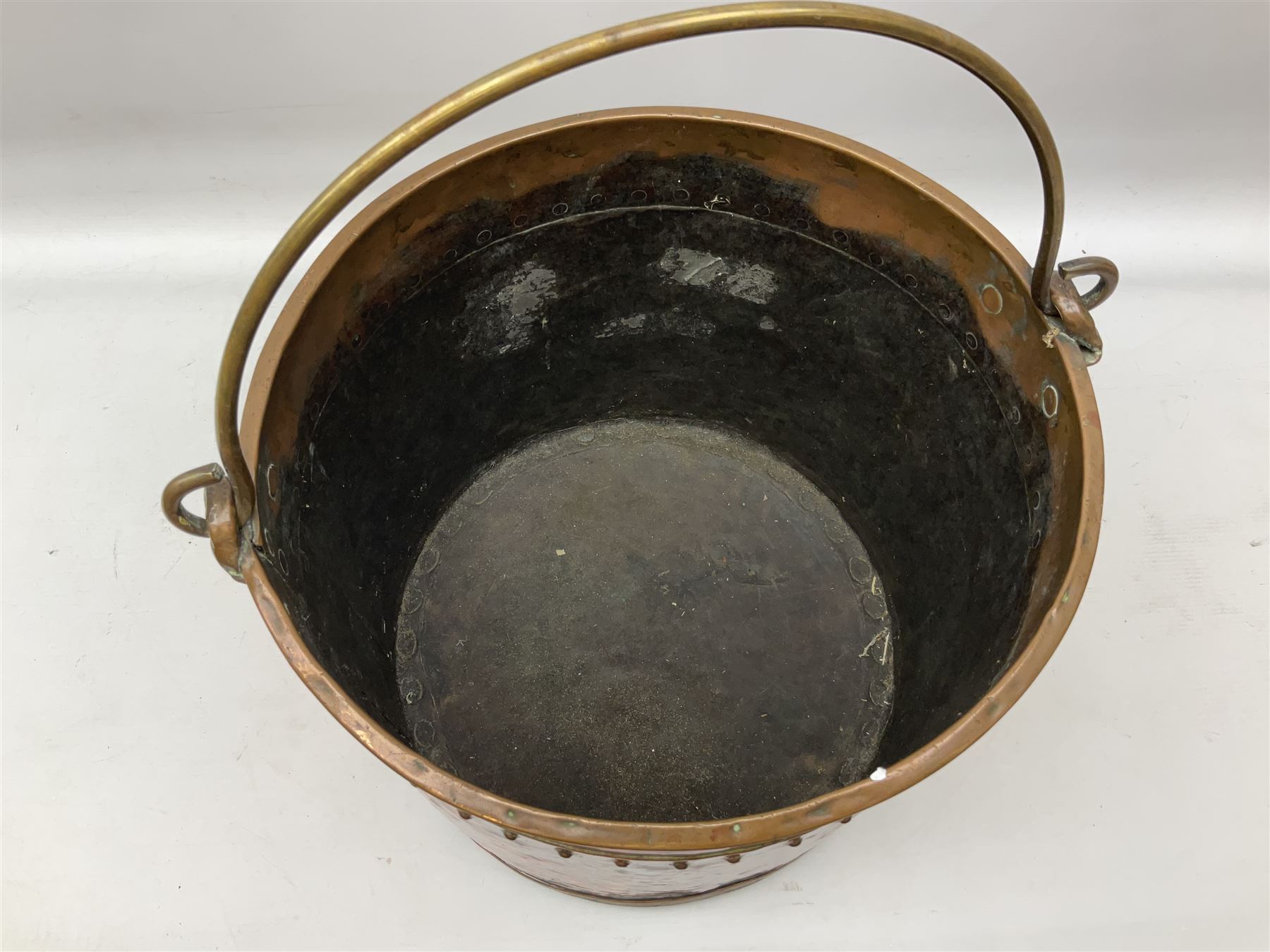 Large twin handled copper coal scuttle and cover and copper and brass riveted bucket with handle, bucket D36cm