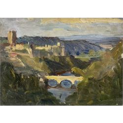 Sarah Madeleine Martineau (British 1872-1972): Richmond, oil on canvas board unsigned, inscribed in a later hand verso 24cm x 32cm  
Notes: Martineau was a successful Arts and Crafts jeweller. She attended Clapham Art School, and subsequently attended Westminster School of Art with her sister Lucy. By 1904 she was an established jewellery maker, and in 1906 she had had two pendants accepted for the Arts and Crafts Exhibition at the Grafton Galleries. By 1909 she was showing her jewellery at various galleries and exhibitions, including the Society of Women Artists and was featured in 'Studio' magazine for various achievements.