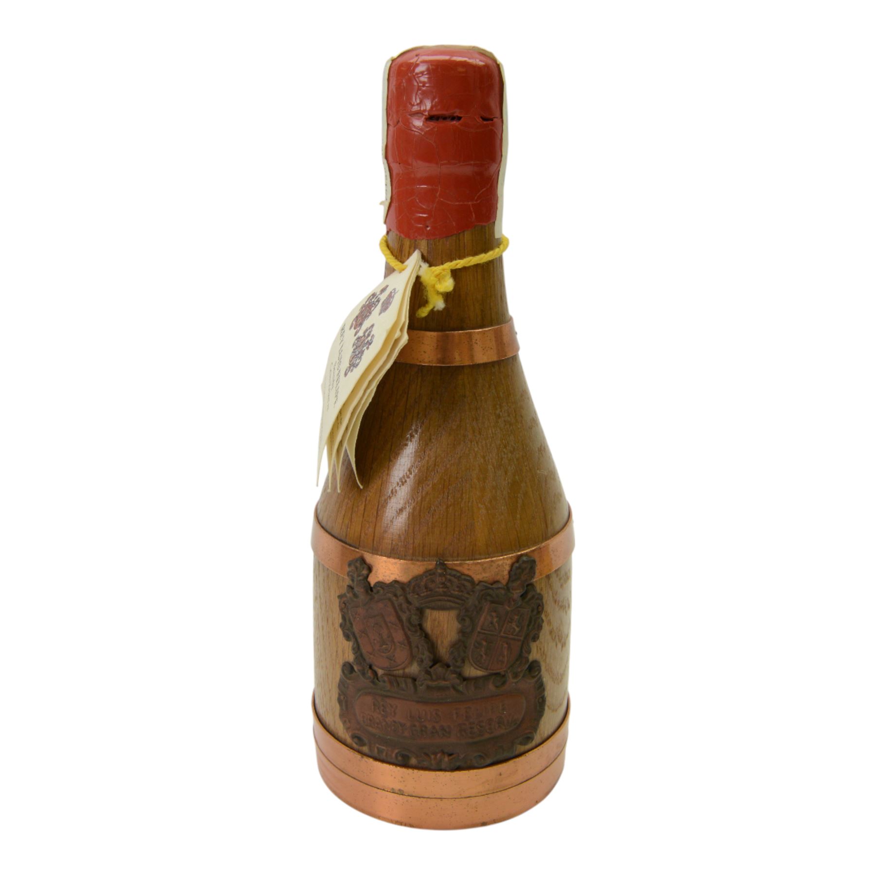 Rey Luis Felipe Gran Reserva, brandy, in American oak wrapped bottle, unknown contents and proof, within leather case 