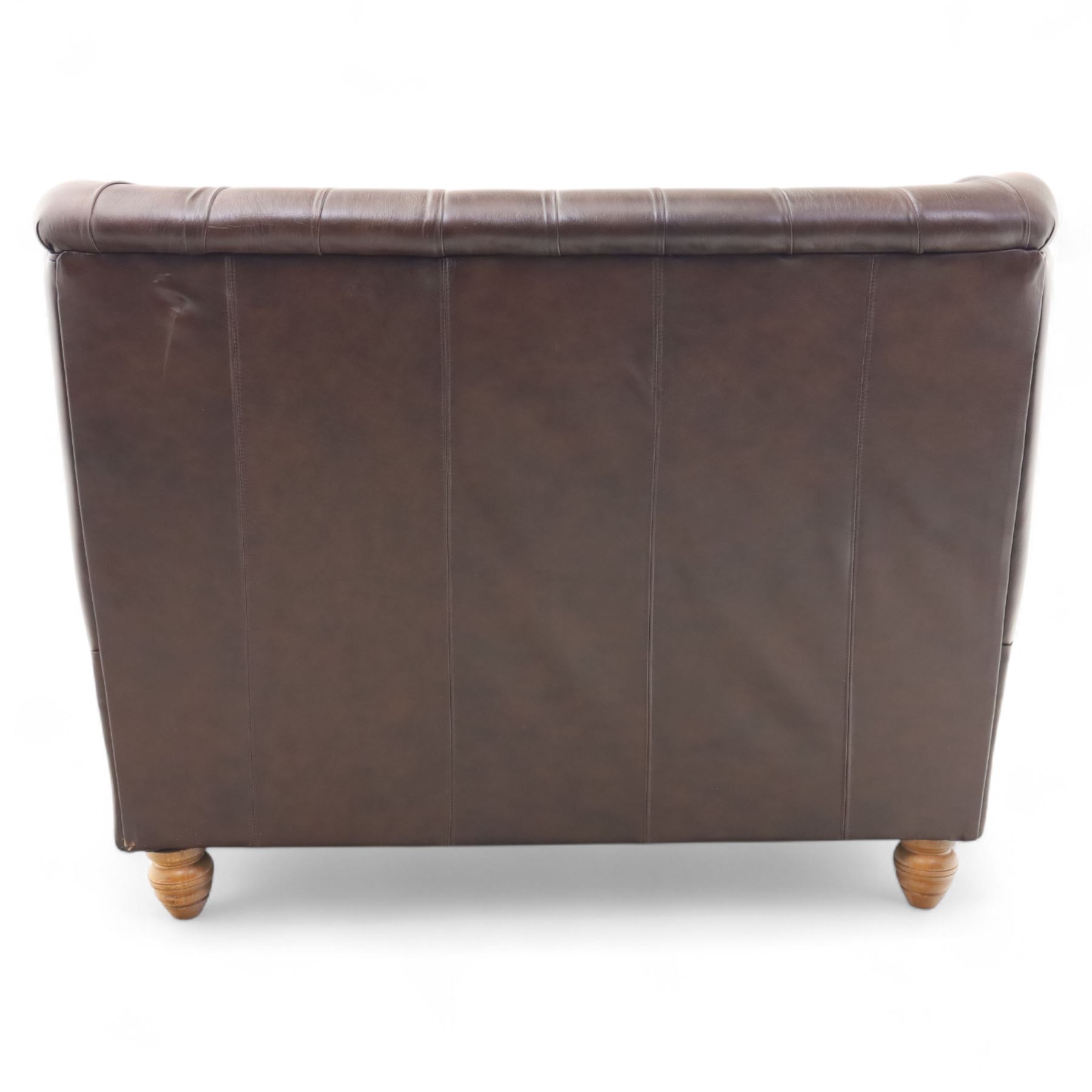 Thomas Lloyd  - two-seater settee, brown leather,  button upholstered back, cushion seats, and wide scrolled arms, raised on bun feet
