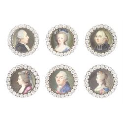 Set of six late 18th century French portrait miniature buttons, each finely painted upon i...