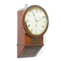 Late Regency drop dial wall clock, the white 19cm dial inscribed 'James Heselton, Beverley' with single fusee eight day movement in brass inlaid mahogany case H38cm 
