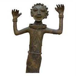 Pair of Benin bronze statures, modelled as a male and female, with armed raised, upon a square base, H76cm