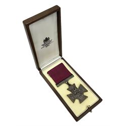 Victoria Cross, an official Hancocks & Co, London replica, the reverse engraved ‘Hancocks 70’, in fitted leather case of issue; Auctioneer's Note: The Victoria Cross was instituted on 29th January 1856, with the first awards backdated to 1854, and in the first 150 years of its existence was awarded on 1,355 occasions (1,352 Crosses and 3 Second Award Bars). To mark the 150th Anniversary, the London jewellers Hancocks, who have manufactured every Victoria Cross ever awarded, issued a limited edition replica, the replicas all individually numbered on the reverse, with the edition limited to 1,352 replica crosses.