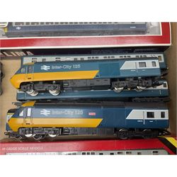 Hornby '00' gauge - two pairs of Class 43 'HST125' locomotives Nos.43010/43011; and nine Inter-City passenger coaches/restaurant/sleeping cars; five boxed including two Lima; together with a quantity of unboxed track, points etc