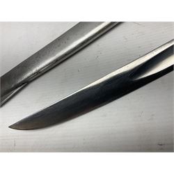 Early 19th century French Lancers officer's sword c1810, the 84cm curving fullered blade retaining most of its bluing, gilding and engraved decoration, inscribed I.S.& C. to ricasso (for Schimelbusch), brass three-bar hilt with elongated elliptical langets and wire-bound leather grip; in polished steel scabbard with two brass suspension rings L100cm overall