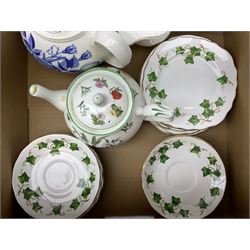 Quantity of teawares to include Coclough, Pearsons stoneware lidded twin handled pot, and other ceramics in two boxes