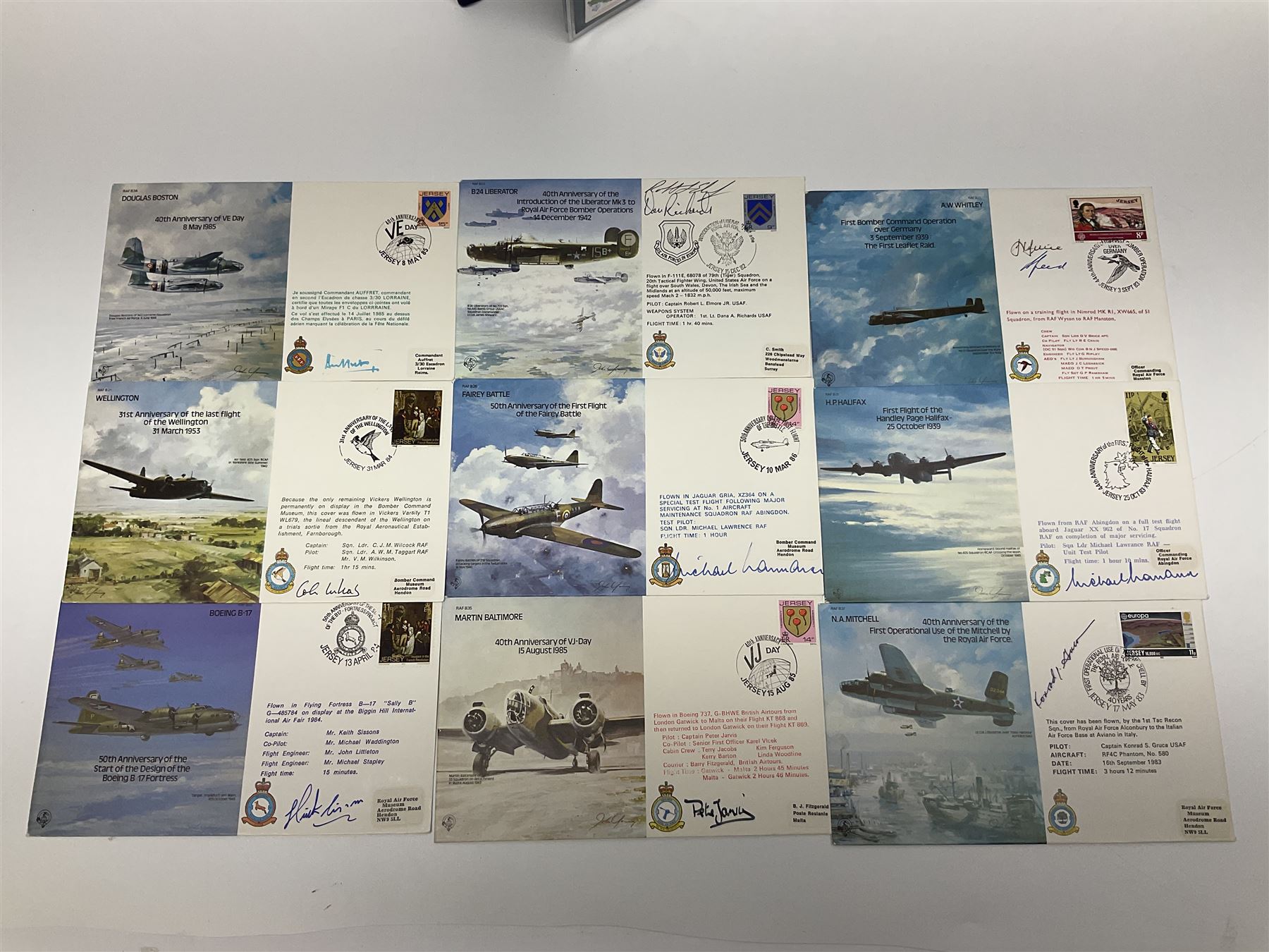 First Day Covers - approx. one hundred flying related and other military FDCs 1970s-2000s, mainly WW2 interest and bearing signatures; British, Channel Islands, Continental, Australia etc; signatures include Vera Lynn, J.H. Lacey, 'Johnnie' Johnson, Barnes Wallis, Bill Reid VC, various other gallantry medal winners, Dam Busters, Battle of Britain, Terence Otway, Leonard Cheshire, Stanford Tuck etc; loose and in a Benham album