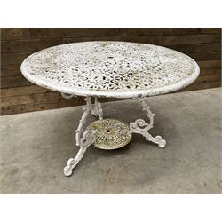 Victorian design cast aluminium circular garden table (D109cm, H72cm) and six armchairs 