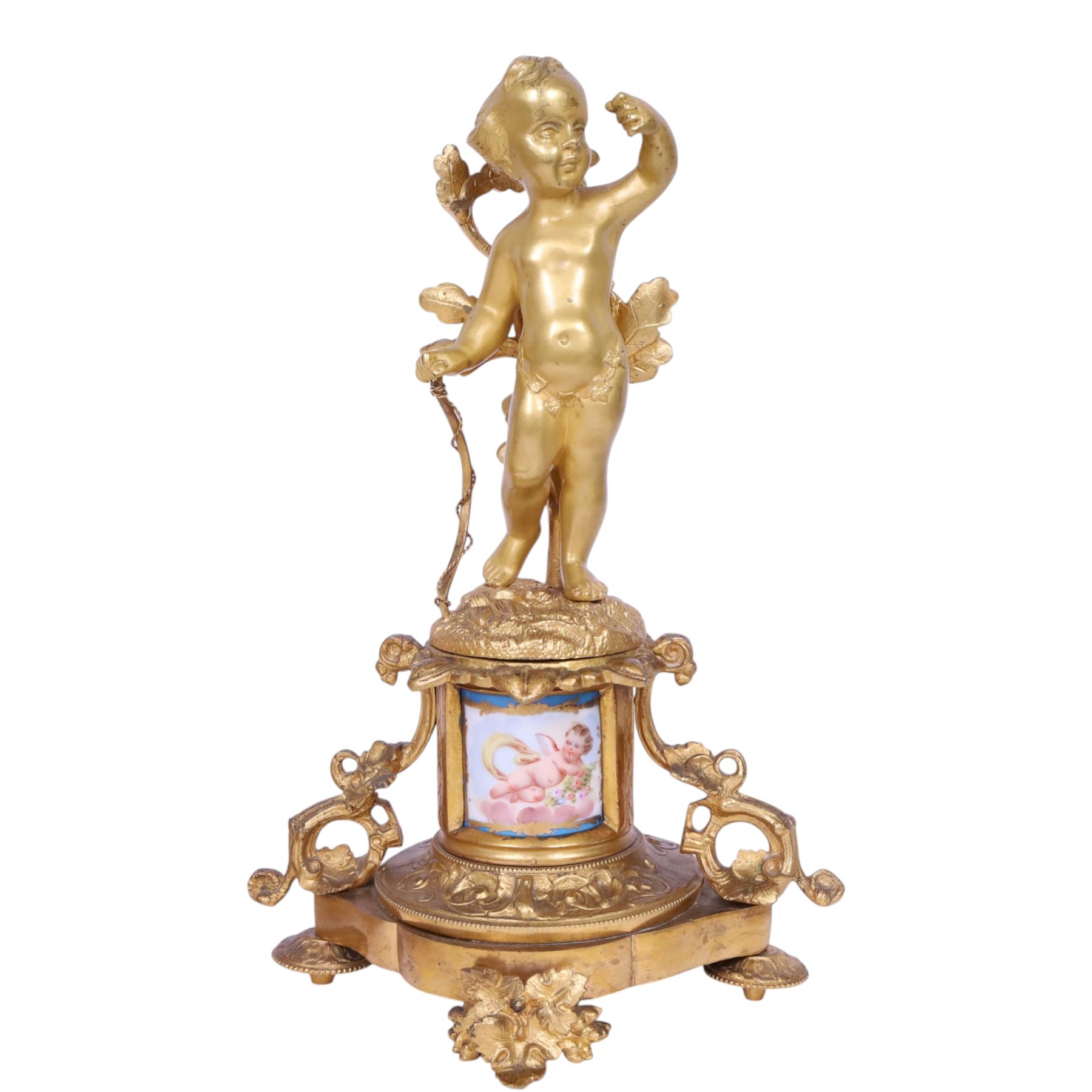 Pair of 19th century ormolu putto figures, each modelled stood with foliate support to backs, upon a naturalistic base upon cylindrical plinth each with twin leafy tendril supports, each plinth with inset Sevres type painted panel of a cherub, upon a shaped base with four compressed disk feet, the front facing with leaf mount, H29cm