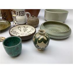 Quantity of studio pottery to include square section vase decorated with blossoming branches, other studio pottery to include jugs, bowls, vases etc, with various marks, duck egg b,J.E. bowl stamped Buchan, continental pottery, other stoneware pottery to include glazed jar with lid etc