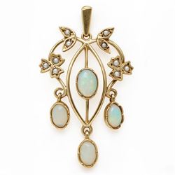 9ct gold opal and seed pearl pendant, set with four oval cabochon cut opals and ten seed p...