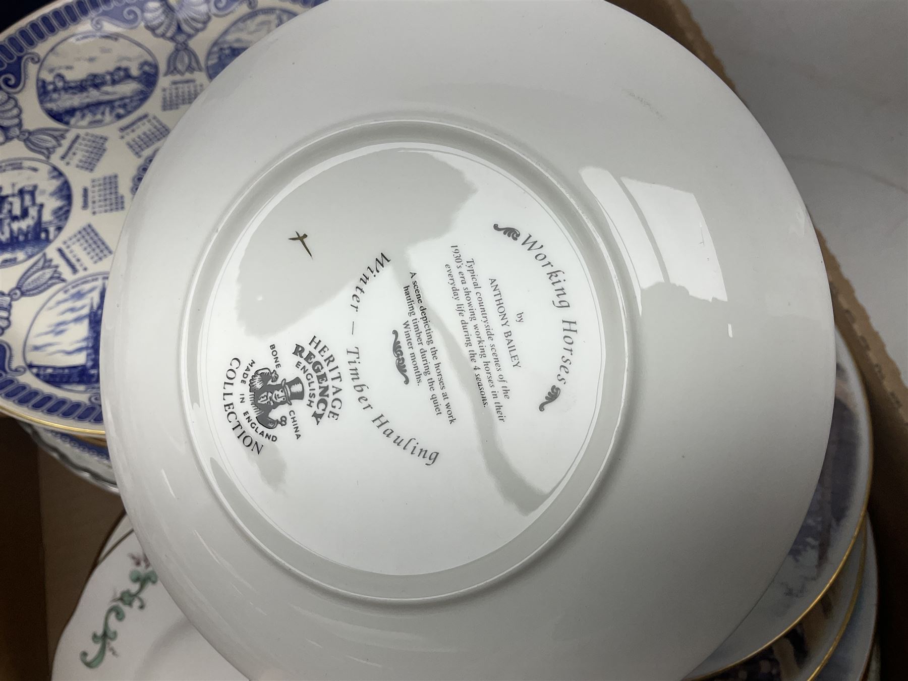 Maling Maltese pattern part dinner wares, including dinner plates, tureens, side plates etc, together with Pyrex dinner wares, decorated in flying duck pattern, Johnson Bros Indian Tree pattern tea and dinner wares and a collection of decorative and calendar plates, etc, in six boxes 