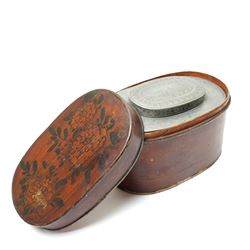 Chinese export engraved pewter tea caddy, housed in floral painted wooden case, H14cm 