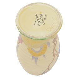 Clarice Cliff Bizarre Rhodanthe pattern vase, shape 583, with green, red, yellow and brown foliate decoration, H15cm