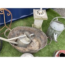 Metal garden rectangular planter on scrolled supports (H72cm), pair black finish wall hanging flower baskets, vintage watering cans, bird bath on stone plinth etc. - THIS LOT IS TO BE COLLECTED BY APPOINTMENT FROM DUGGLEBY STORAGE, GREAT HILL, EASTFIELD, SCARBOROUGH, YO11 3TX