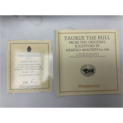 20th century Wedgwood Taurus the Bull, designed by Arnold Machin, and decorated with gilt signs of the zodiac upon a black ground, with certificate and original box, L40cm
