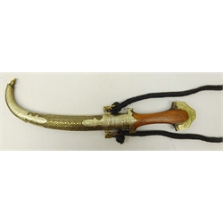  Moroccan Jambiya, curved blade 21cm, with silvered metal ferrule & hilt, engraved brass sheath and handwood handle, L40cm   