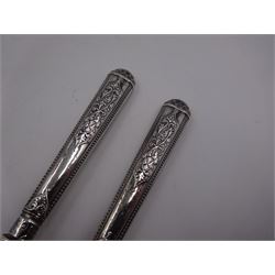 1930s silver open sucrier, of circular form with girdle, with shaped rim and upon three pad feet, hallmarked Birmingham 1931, together with silver fork and spoon set, decorated in relief with foliate pattern to handles, hallmarked William Devenport, Birmingham 1896 to blades and Sheffield 1896 handles