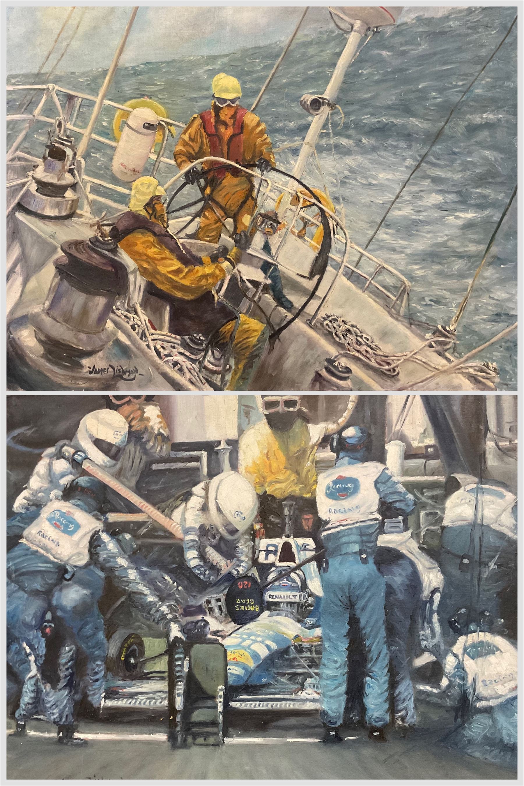James Lishman (British 1931-2024): 'Pit Stop - Damon Hill World Formula 1 Champion 1996' and 'Rounding the Horn', two oils on canvas signed, titled and dated '97 verso 66cm x 79cm (2) (unframed)