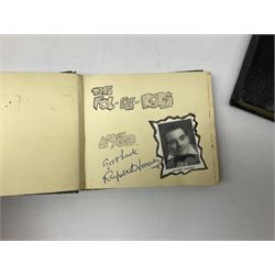 2 autograph albums, containing signatures including Harry Corbett Sooty, Dave Morris, Marion Saunders, Max Bygraves and signed photographs, quantity of postcards depicting the Lords Prayer and playing cards in case
