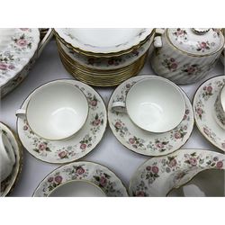 Minton Spring Bouquet pattern dinner and tea service, comprising dinner plates, twin handled tureens with covers, meat platter, teapot, milk jug, sugar bowl with cover, tea cups and saucers, bowls, cake plate, side plates, dessert plates, etc all with printed mark beneath (82)