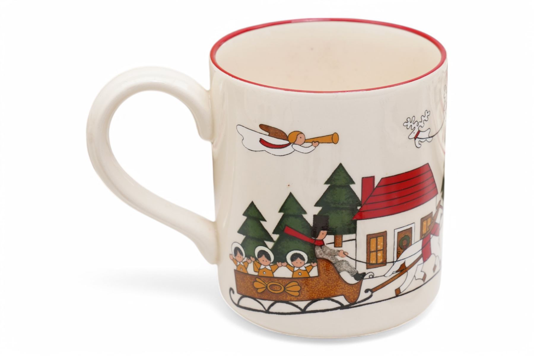 Masons Christmas Village tea wares, designed by Marsten-Mandrajji, comprising three-tiered an other cake stand, large bowl and jug, two twin-handled serving dishes, mug and two teacups, plates of various sizes etc