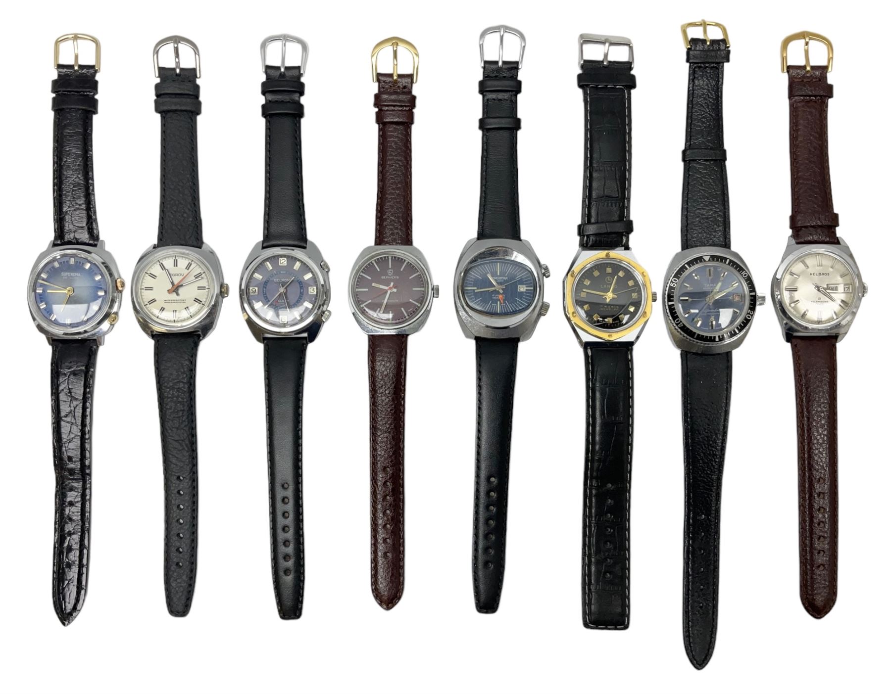 Two automatic wristwatches including Tara and Helbros and six manual wind wristwatches including Memostar alarm, Belmont alarm, Lanco, Tegrov, Superoma De Luxe and Services (8)