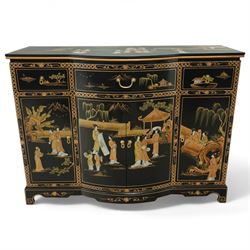 Late 20th century Chinese black lacquered sideboard, serpentine front fitted with three baize-lined drawers over four panelled cupboard doors, decorated throughout with gilt and polychrome figural and landscape scenes, on shaped apron and bracket feet 