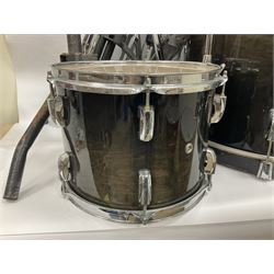 Pearl Vision SST Birch Ply shell four-piece drum kit in black comprising bass drum with foot pedal and three graduated toms; together with Pearl Custom Alloy Sensitone steel snare drum, drum and cymbal stands, microphone stand, stool and various drum sticks 
