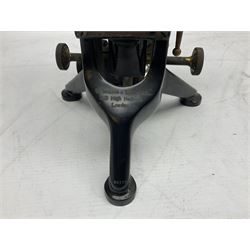 19th century brass and black japanned monocular microscope by W. Watson & Sons Ltd. 313 High Holborn, London serial no.24788 with rack and pinion focussing on tripod base H31cm; in fitted mahogany case retailed by A.H. Baird Scientific Instrument Makers Edinburgh; quantity of additional lenses and accessories; together with another similar uncased monocular microscope by W. Watson serial no.58379 (2)