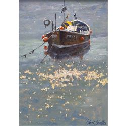 Robert Brindley (British 1949-): 'Sparkling Lights at Staithes Harbour', oil on board signed, titled verso 26cm x 20cm