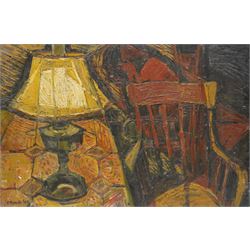 John Gilbey Bowles ARCA (British 1929-2011): Still Life 'No.1 Cottage Interior' with Lamp and Chair, oil on board signed, inscribed verso 60cm x 91cm (unframed)
Notes: exhibited at Guildhall Art Gallery, London