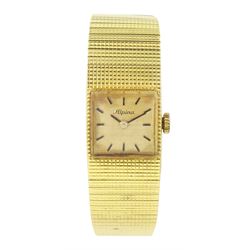 Alpina 18ct gold manual wind wristwatch, champagne dial with baton hour markers, Helvetia hallmark, on integral 18ct gold bracelet, stamped 750