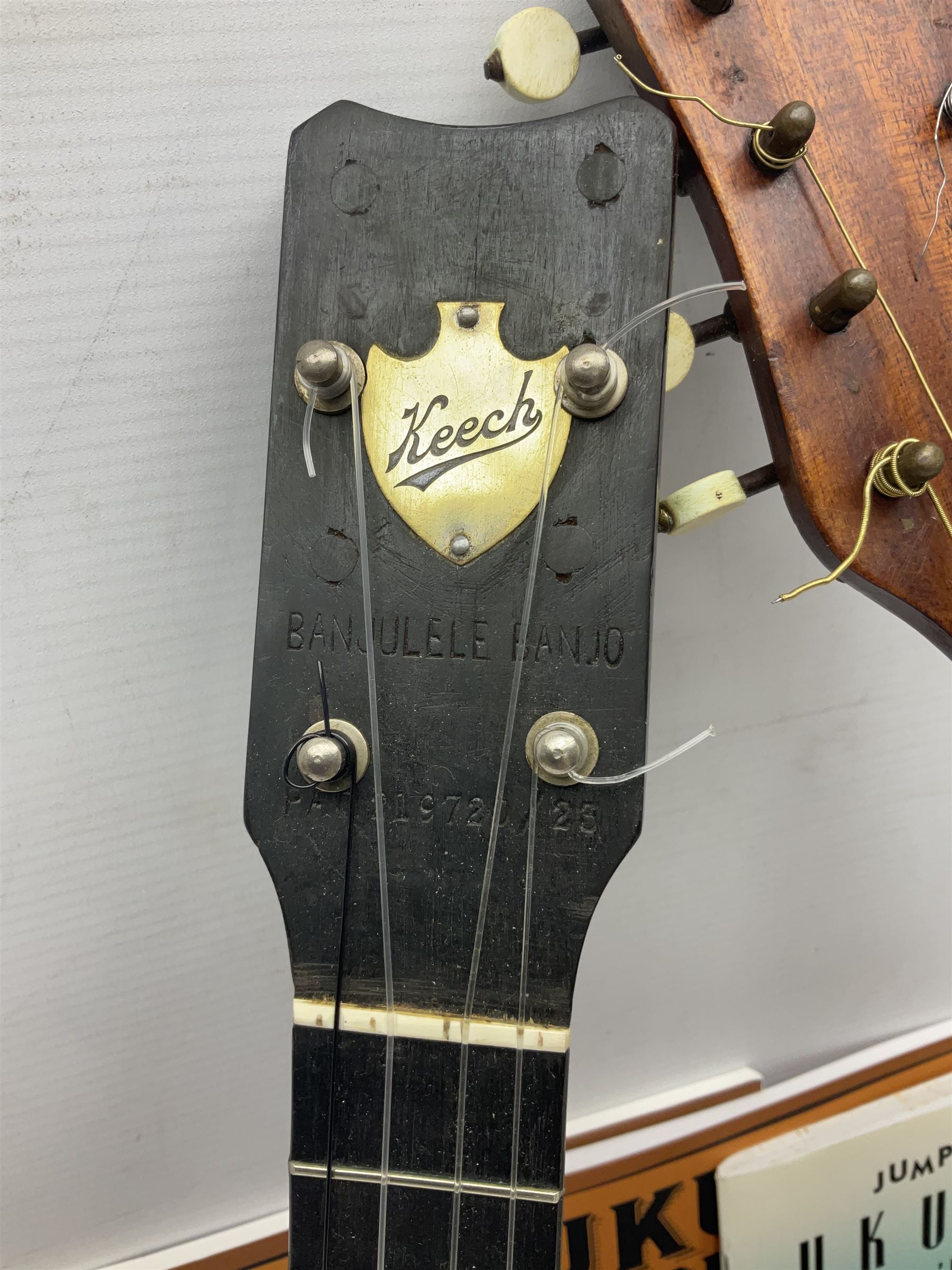 W.D. Keech banjolele pat.219720/23 with etched signature to the back; serial no.A12082 L55cm; and a restored Italian mandolin with segmented lute back; together with three music books
