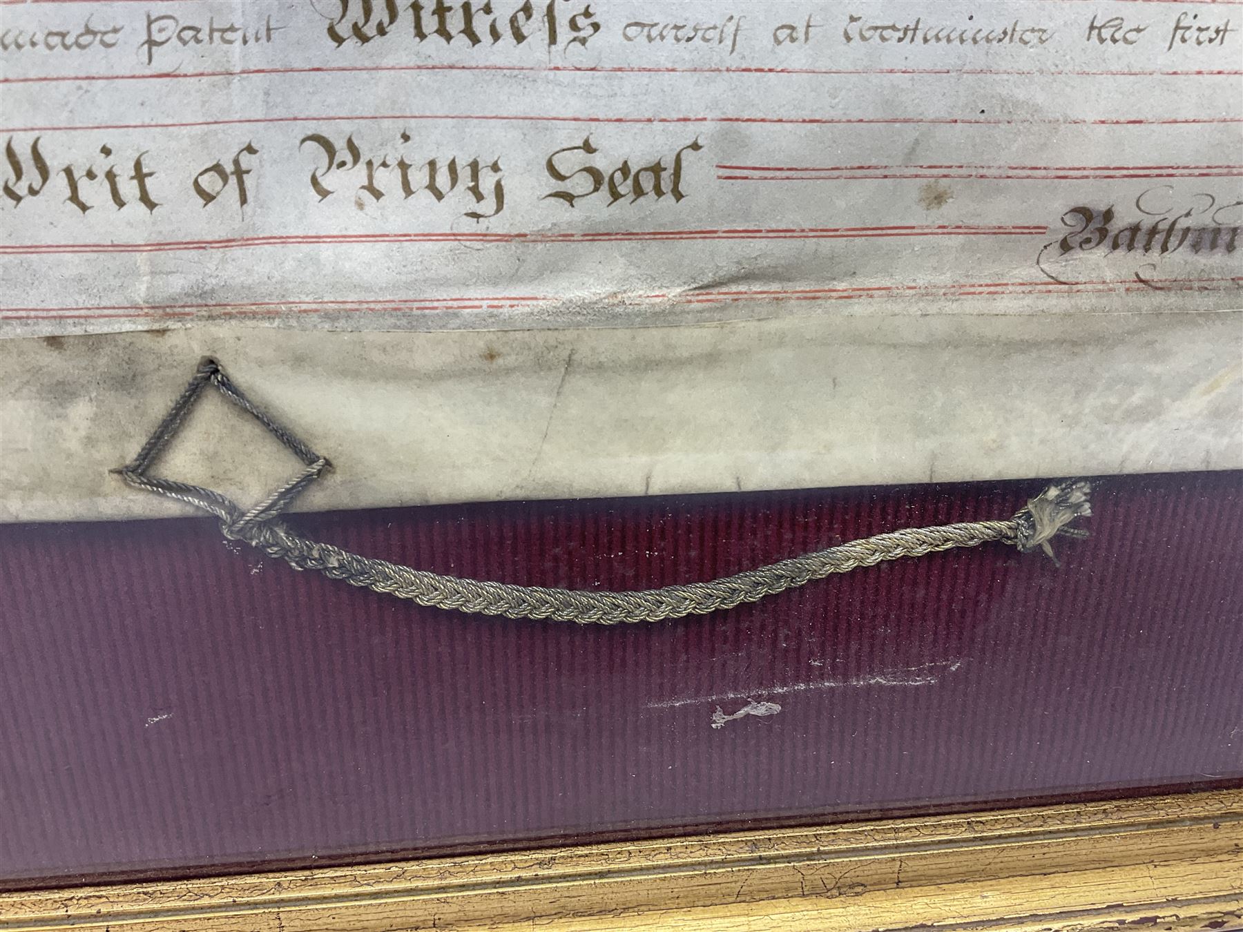 Large 18th century framed and glazed Indenture for King George III to George Rivers, Lord Rivers of Straths Saye, including frame H92.5cm L107.5cm