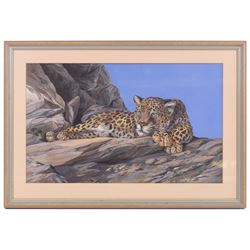 Elaine C Geall (British 1976-): 'African Leopard' and 'Patient Observer - Tawny Owl', acrylic on paper signed, titled verso 29cm x 48cm and 53cm x 35cm (2)