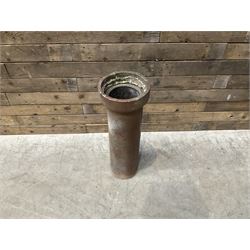 3 cauldron set pots with 2 terracotta chimney pots, 1 terracotta crock, metal bucket and small cast iron shelf 