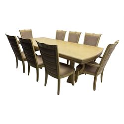 Brunswick - washed oak finish extending dining table, rectangular top with curved ends and carved frieze, central extension leaf, raised on twin pedestals with arched plinth bases and square-sectioned column supports; set of eight (6+2) high-back dining chairs upholstered in beige velvet fabric