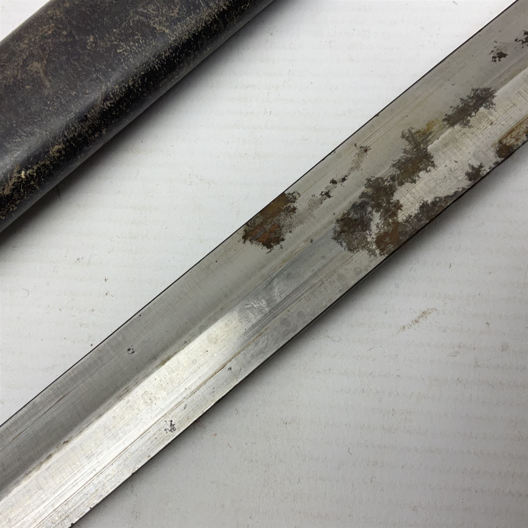 British Pattern 1888 knife bayonet, the 30.5cm double edged blade with raised central medial ridge; in leather covered scabbard L40.5cm overall