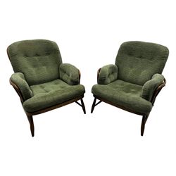 Ercol - mid-20th century three-piece suite, comprising two-seater sofa, upholstered in green fabric with teak frame, on splayed supports with stretcher (W142cm, D95cm, H87cm); with matching pair of armchairs (W82cm, D95cm, H87cm)