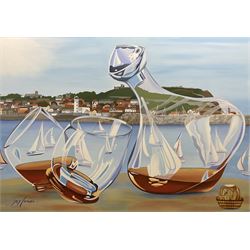 Joy Lomas (British Contemporary): Scarborough South Bay viewed through Glassware, oil on canvas signed 70cm x 100cm
