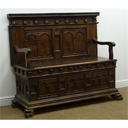  19th century and later fruitwood and pine hall bench seat, with carved double arcaded panels, raised back with moulded top, two curving arms, hinged seat above moulded base and four paw feet, W145cm, H124cm, D63cm  