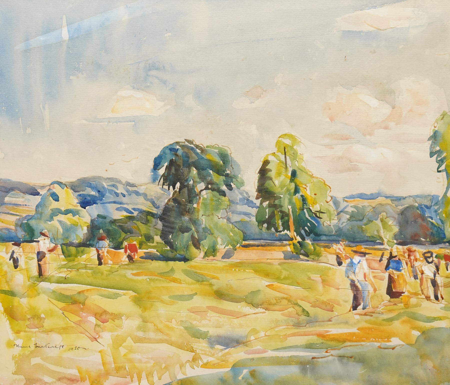 Muriel Metcalfe (Yorkshire 1910-1994): Hay Making, watercolour signed and dated 1930, titled on label verso 28cm x 32.5cm