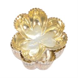 Pair of Victorian silver open salts, of trefoil shamrock form with crimped rims and gilt interiors, hallmarked Joseph Jennens & Co, Birmingham, H2cm, L5cm